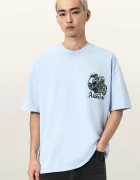 AllSaints Памучна тениска PANHEAD в синьо с принт M021PE