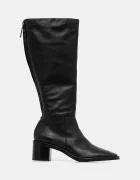 CALVIN KLEIN Кожени ботуши BLOCK HEEL KNEE BOOT LTH в черно с дебел ток HW0HW02812