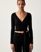 GUESS JEANS блуза с прехлупване дамска с модал черна W6YP11 K3816