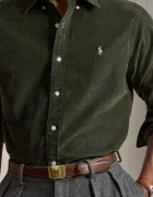 Polo Ralph Lauren риза мъжка от памук 21W Corduroy зелена с изчистена шарка 710853123
