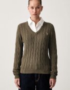 U.S. Polo Assn. пуловер дамски от памук V-NECK CABLE кафяв WUP0397