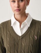 U.S. Polo Assn. пуловер дамски от памук V-NECK CABLE кафяв WUP0397