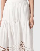 AllSaints Дълга пола Femi от органичен памук с ажур Мръснобял