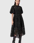 AllSaints Дълга рокля Odette с бродерия и бухнали ръкави Черен