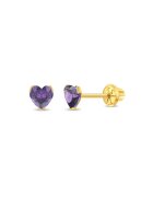 Bebe Gold 14-каратово златни детски обеци - модел с рожден камък (рожден ден през февруари) - форма на сърце с лилав CZ камък - конец и защитно ...