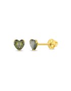 Bebe Gold 14K златни детски обеци - модел с камък за раждане (рожден ден през август) - форма на сърце със светлозелен CZ камък - конец и защитно ...