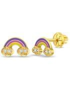 Bebe Gold 14K златни обеци за бебета и деца - модел дъга с емайл и прозрачни CZ камъни - закопчаване с винт и защита