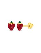 Bebe Gold 14K златни обеци за деца - емайл с форма на ягода - затваряне и защита на конец