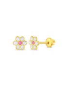 Bebe Gold 14K златни обеци за деца - емайлиран модел с цвете на маргаритка - резба и защитно затваряне