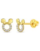 Bebe Gold 14K златни обеци за деца - форма на мини мишка с бели камъчета CZ - затваряне и защита на резба