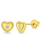 Bebe Gold 14K златни обеци за деца - модел сърце с централен CZ камък - винтово закопчаване и защита
