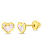 Bebe Gold 14K златни обеци за деца - във формата на сърце със седеф и CZ камък - затваряне и защита от конец