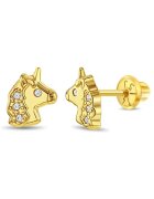 Bebe Gold Блестящи обеци с еднорог с прозрачен кубичен цирконий от 14K злато - за деца - здраво закопчаване на винт