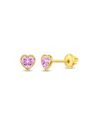 Bebe Gold Детски обеци от 14-каратово злато - бебешки модел сърце - форма на сърце с розов CZ камък - резба и защитно затваряне