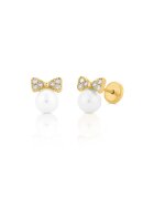 Bebe Gold Детски обеци от 14-каратово злато - модел от 5 мм култивирана перла и панделка с бели CZ камъни - конец и защитно затваряне