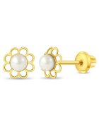 Bebe Gold Детски обеци от 14K злато - модел на цветя с култивирана перла - с резба и защита