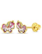 Bebe Gold Еднорог и многоцветни емайлирани обеци за деца от 14K злато - здраво закопчаване на винт