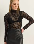 Bianco Lucci Дамска блуза Floral Slim Fit черна текстил