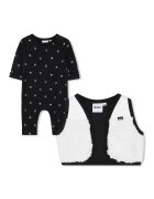 BOSS Kidswear Гащеризон с десен и пухен елек - 2 части - Бял/Черен