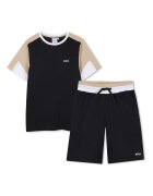 BOSS Kidswear Памучна тениска и бермуди с лого Черен/Бежов