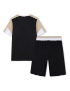 BOSS Kidswear Памучна тениска и бермуди с лого Черен/Бежов