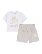 BOSS Kidswear Тениска и шорти с лен - Бял/Бежов