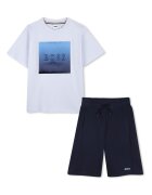 BOSS Kidswear Тениска с шарка и разкроени бермуди Бял/Ултрамарин синьо