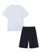 BOSS Kidswear Тениска с шарка и разкроени бермуди Бял/Ултрамарин синьо