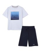 BOSS Kidswear Тениска с шарка и разкроени бермуди - Бял/Ултрамарин синьо