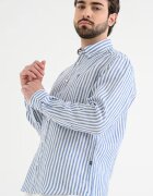 BOSS Ленена риза на райе Ултрамарин синьо/Мръснобял