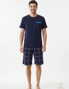 Bumbacel 100% COTTON Мъжка памучна пижама от две части тениска и къси панталони Син
