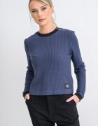 CALVIN KLEIN JEANS Рипсен пуловер с овално деколте Индигово синьо