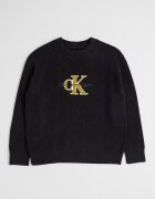 CALVIN KLEIN Памучен пуловер с овално деколте и лого Черен