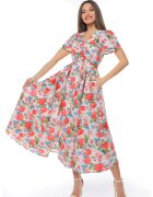 CAMISSI Миди рокля с шпиц и колан - Оранжев/Бледозелен