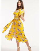 CAMISSI Миди рокля с шпиц и колан - Зелен/Светлокафяв/Розово