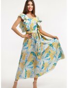CAMISSI Разкроена рокля с десен и колан - Слонова кост/Тюркоаз/Синапено жълто