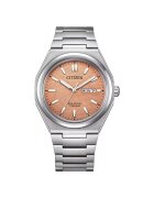 Citizen Мъжки часовник Super Titanium AW0130-85ZE - титаниева верижка - кръгъл корпус - сребрист цвят - оранжев циферблат - водоустойчив 100м