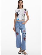 DESIGUAL Къса вталена тениска с принт на Mickey&Minnie - Бял/Светло сив