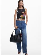 DESIGUAL Слим флорален топ - Черен