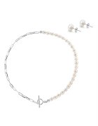 e-Crystal Комплект сребърни обеци 925 с култивирани перли и сребърно колие 925 с бели култивирани перли 6.5мм + верижка paperclip - закопчалка toggle S