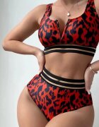 EFAYN.RO Бански костюм комплект от 2 части вълнуващ модел сутиен тип бюстие и бикини с висока талия полупрозрачни детайли Червен/Черен