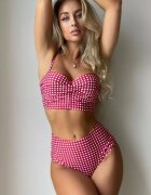 EFAYN.RO Дамски бански костюм 2 части винтидж модел сутиен тип бюстие и долнище с висока талия мотив лятна мечта от 90-те EFAYN Червен