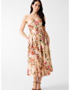 GUESS Флорална разкроена рокля с лен - Червен/Бежов