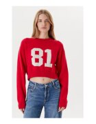 GUESS JEANS Памучен плетен пуловер с оребрени кантове - кръгло деколте и предна щампа