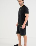 GUESS Къса пижама с лого и контрастни ленти Черен/Лайм зелено