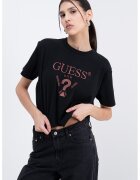 GUESS Къса тениска с бродирано лого - Тъмнокафяв/Черен