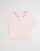 GUESS KIDS Пуловер с къси ръкави и лого с декоративни камъни Бледо розово
