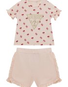 GUESS KIDS Тениска с памук и къс панталон с набирания - 2 части Червен/Бледо розово
