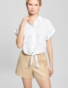 GUESS Риза с лиосел с бродерии и къси ръкави - Бял/Прозрачен