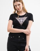 GUESS Слим тениска с лого Черен/Кафяв